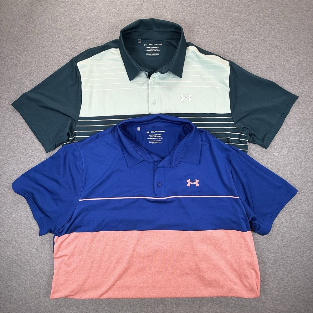 Lot 2 Under Armour Playoff Polo Shirt Mens 2XL Striped Performance Golf Blue